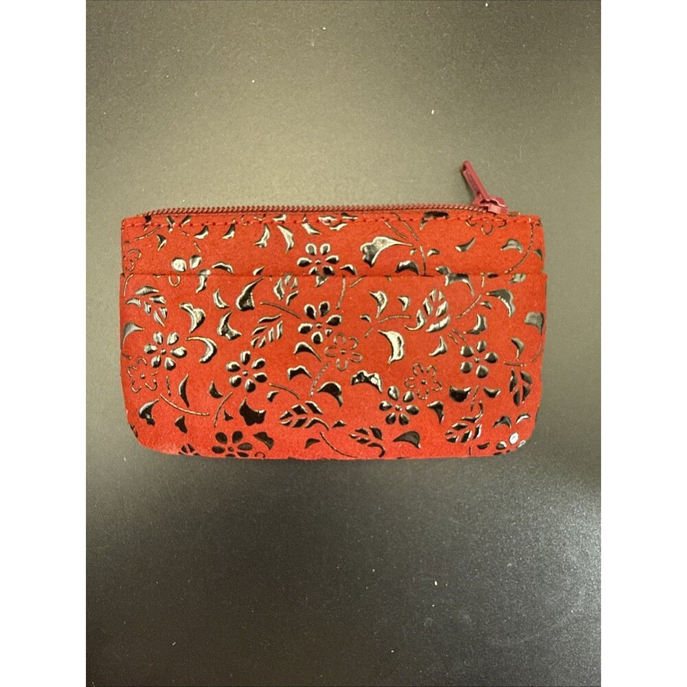 NIB Indenya Coin Purse Deerskin Red Black Lacquer Floral Print